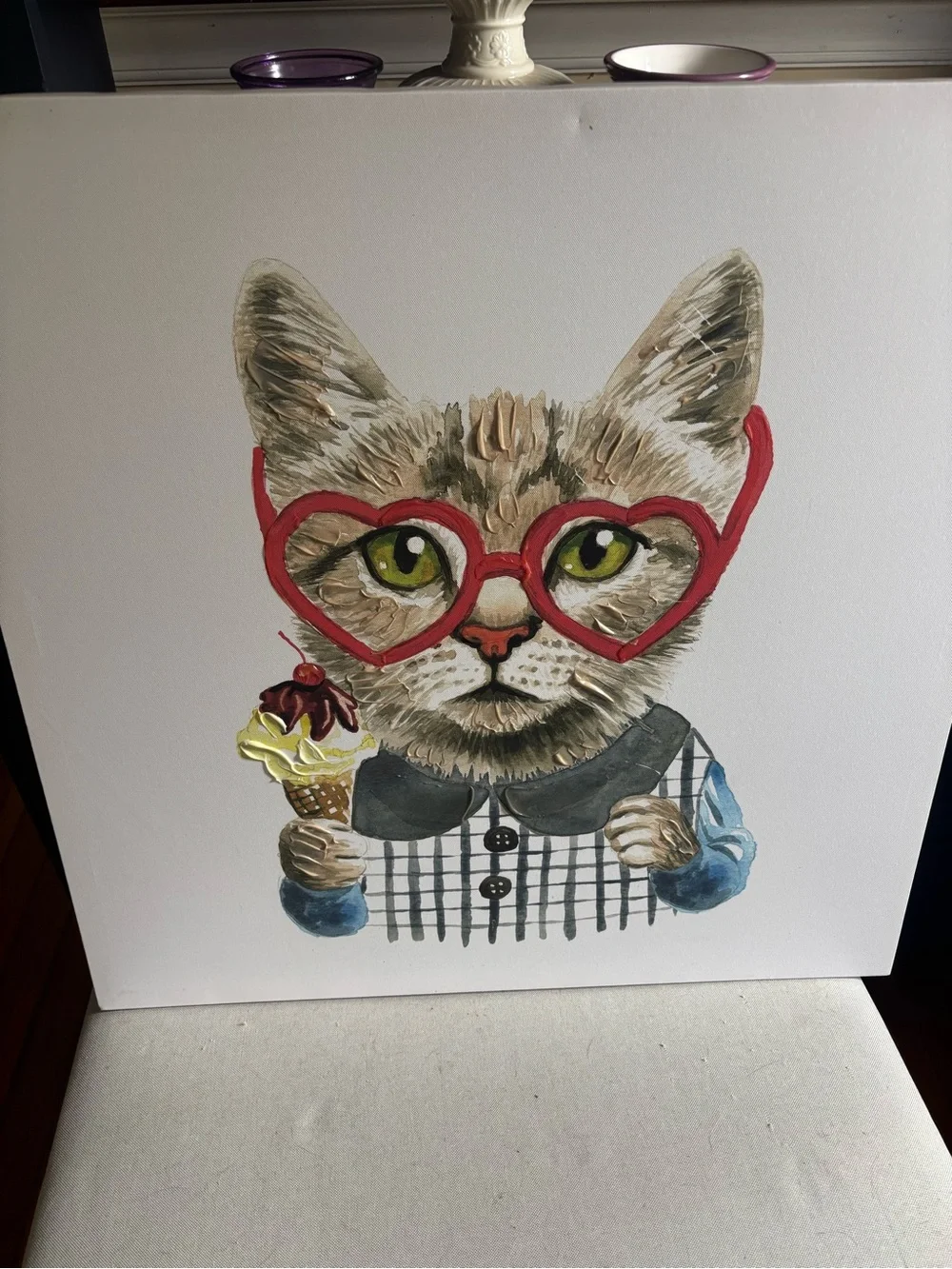 Cute Cat Canvas Wall Art with Red Heart Glasses - Pet Decor